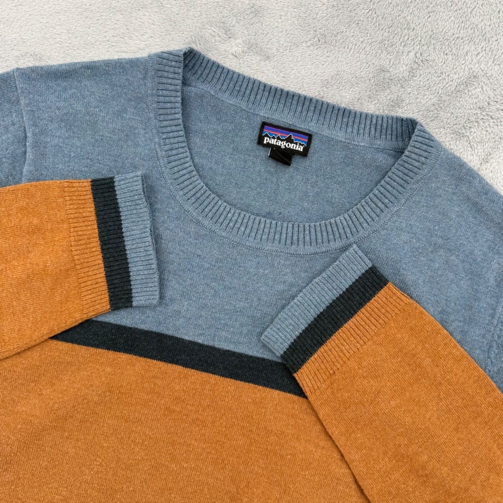 Patagonia Andri Crew Sweater Womens Large Colorblock Organic Cotton Blue Orange